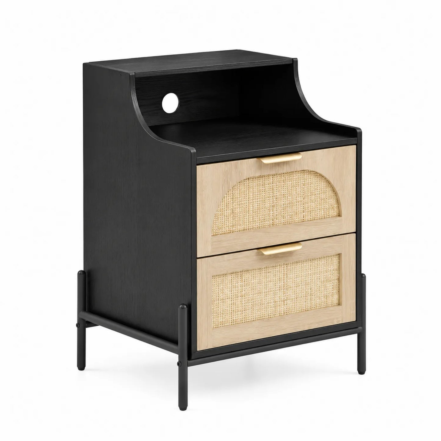 Comodino in Legno con Cassetti in Rattan