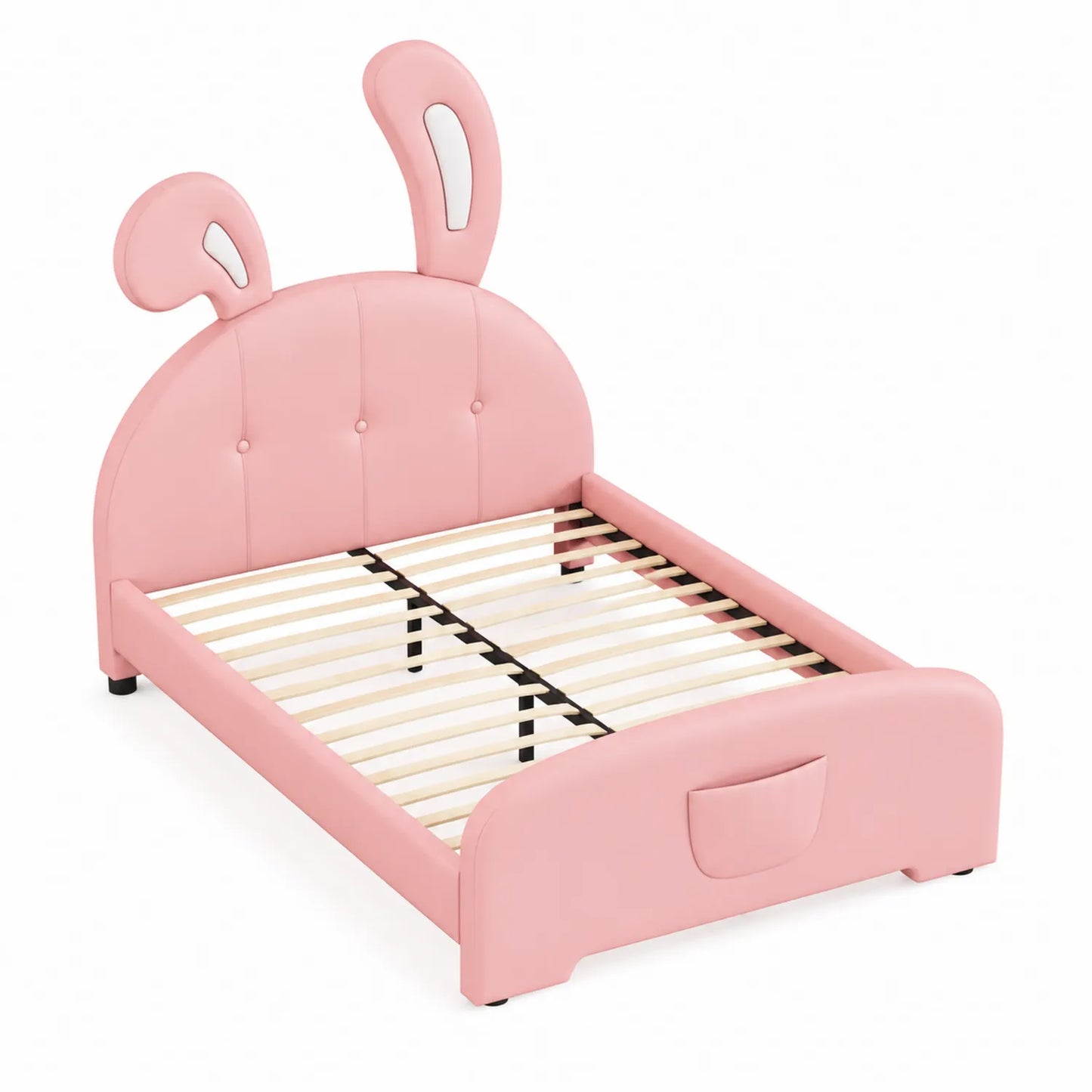 Letto per Bambini con Testiera a Orecchie di Coniglio in Legno e Poliuretano Rosa