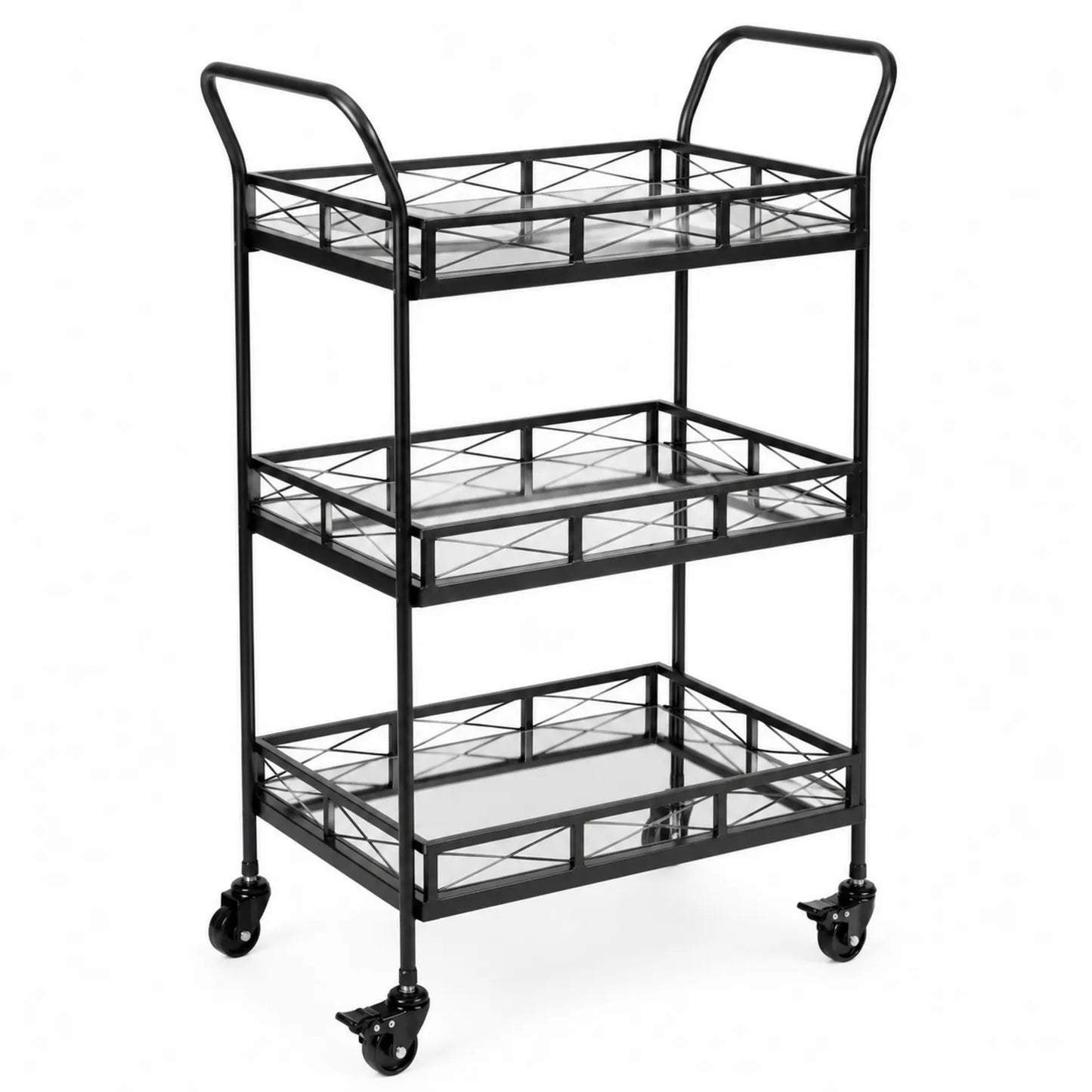 Carrello a 3 livelli in metallo nero e vetro temperato