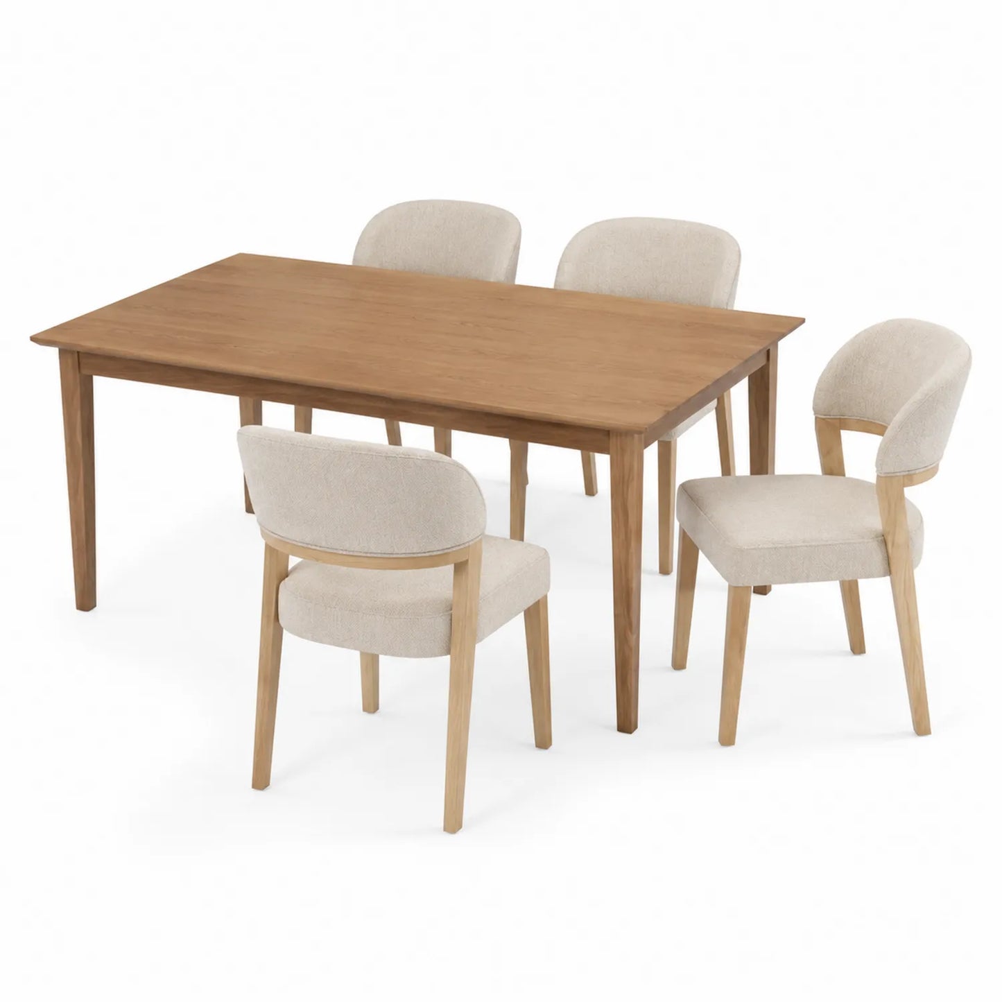 Set Tavolo da Pranzo Rettangolare in Legno con 4 Sedie in Tessuto Beige