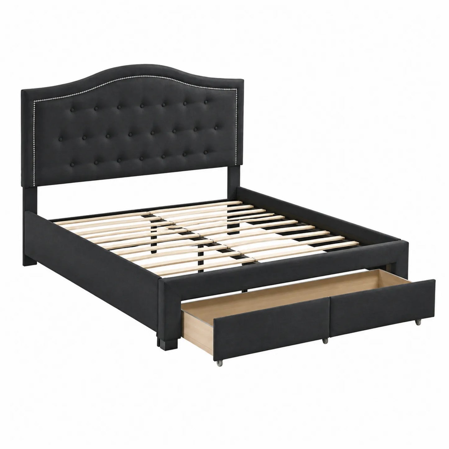 Letto matrimoniale nero in ecopelle con testiera decorata e cassetti