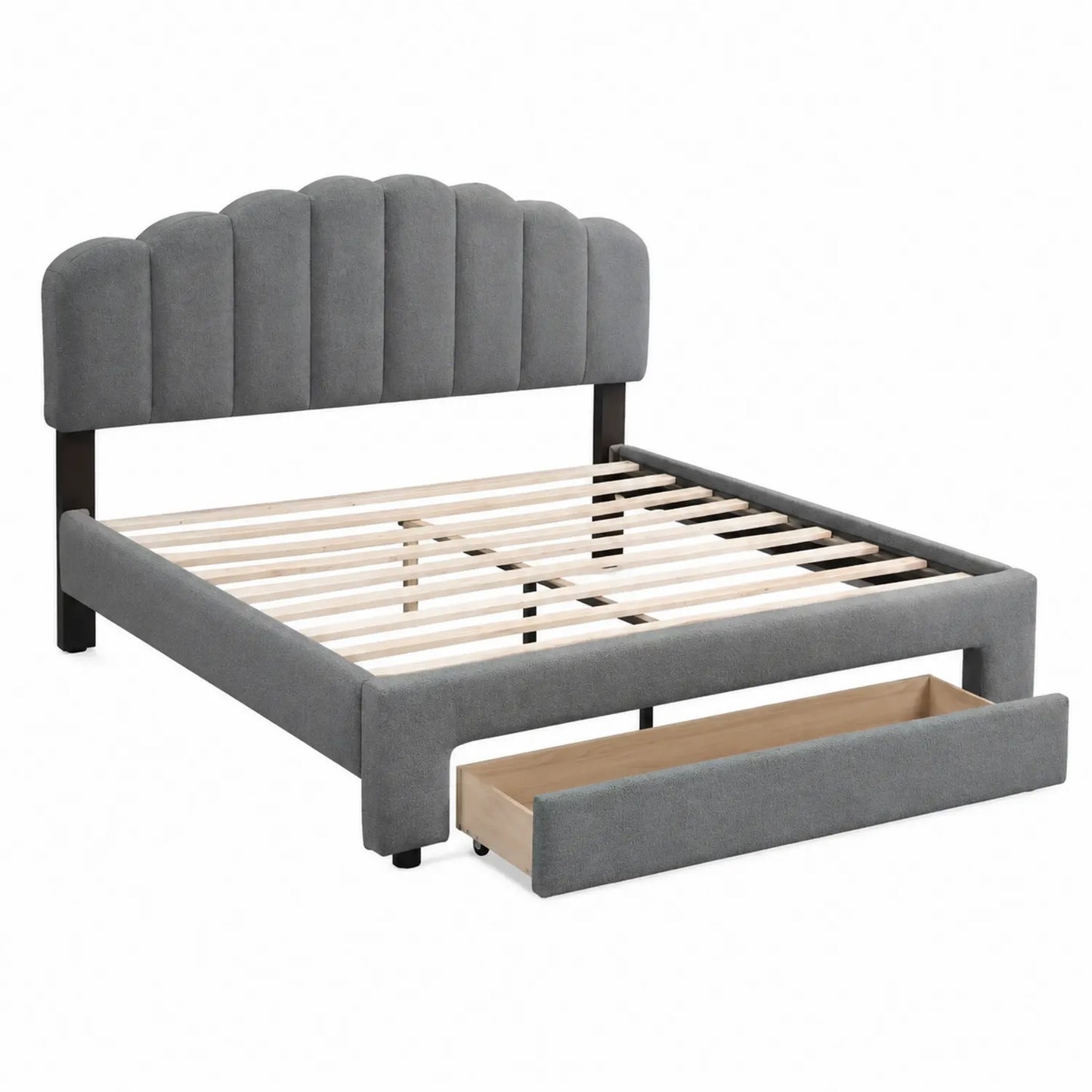 Letto matrimoniale in legno con rivestimento in poliestere e cassetto
