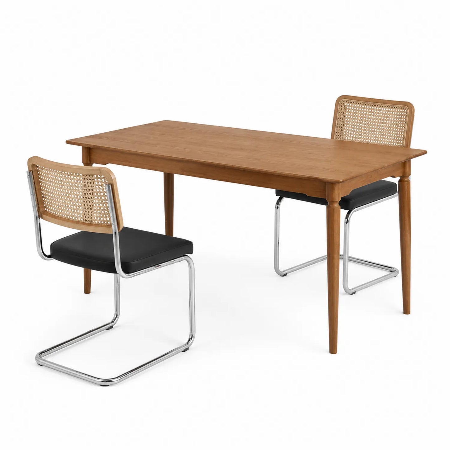 Set Tavolo da Pranzo in Legno con Sedie in Metallo e Rattan