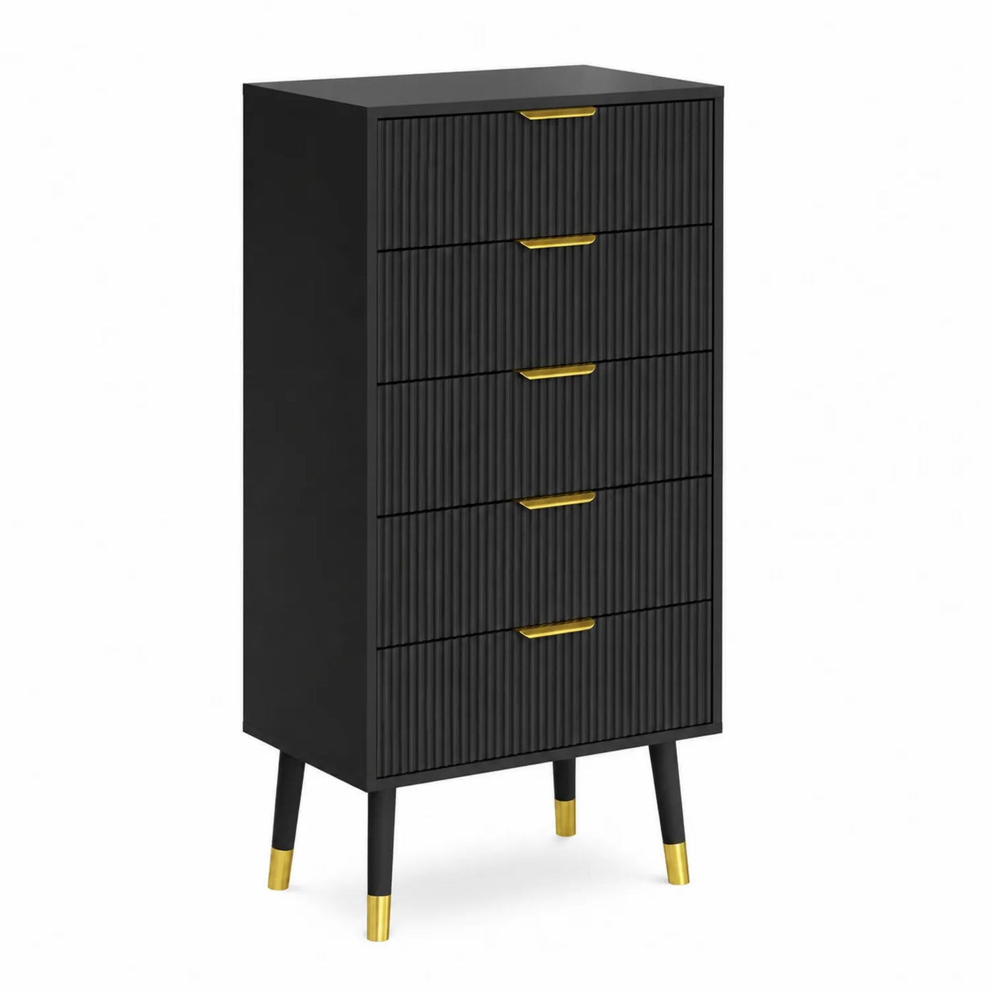 Cassettiera nera in legno MDF con maniglie in metallo dorato