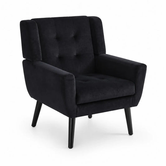 Poltrona in Velluto Nero con Gambe in Legno