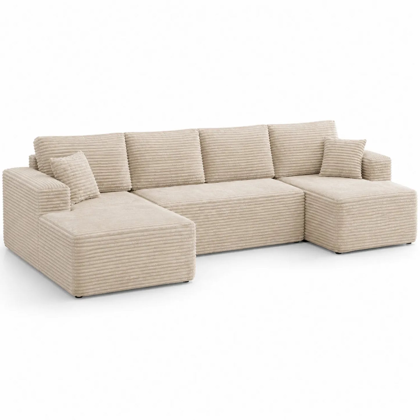 Divano angolare in legno e tessuto beige a coste