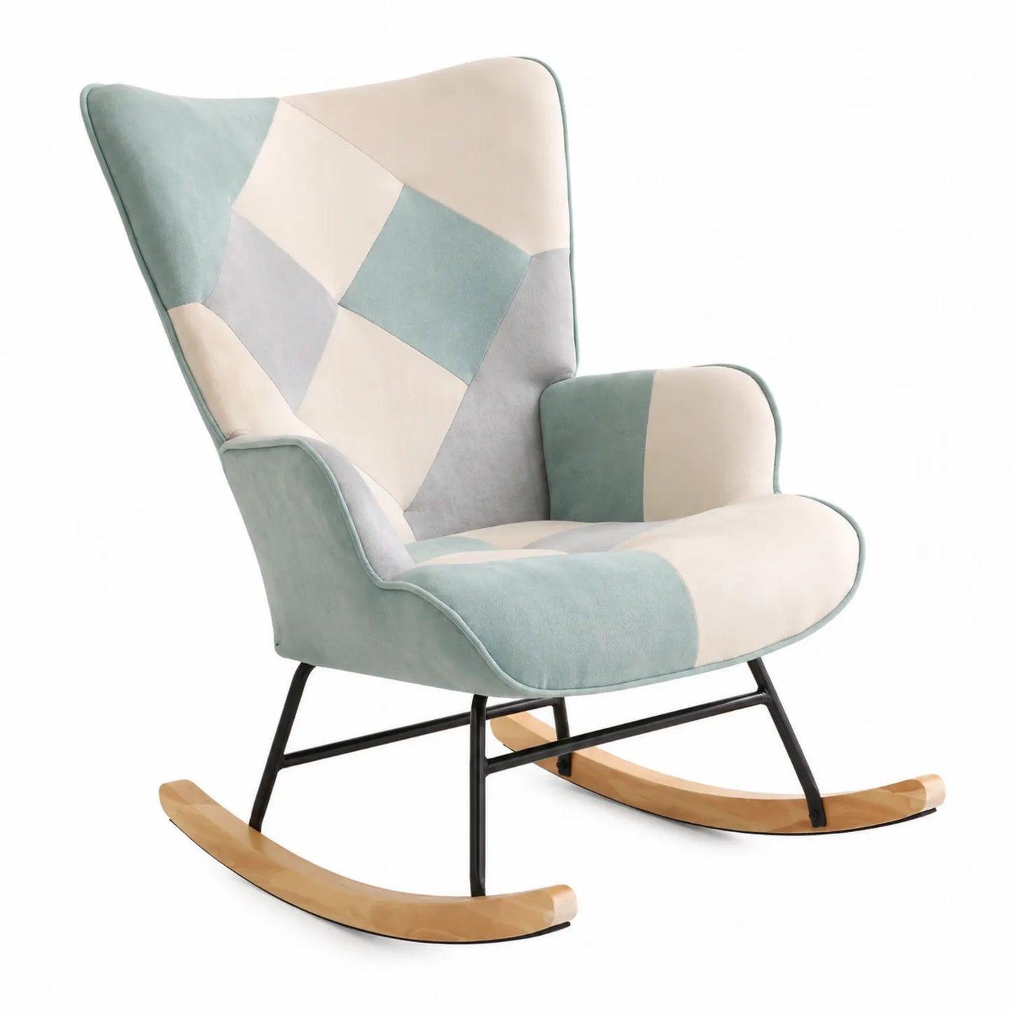 Sedia a dondolo patchwork in tessuto e legno
