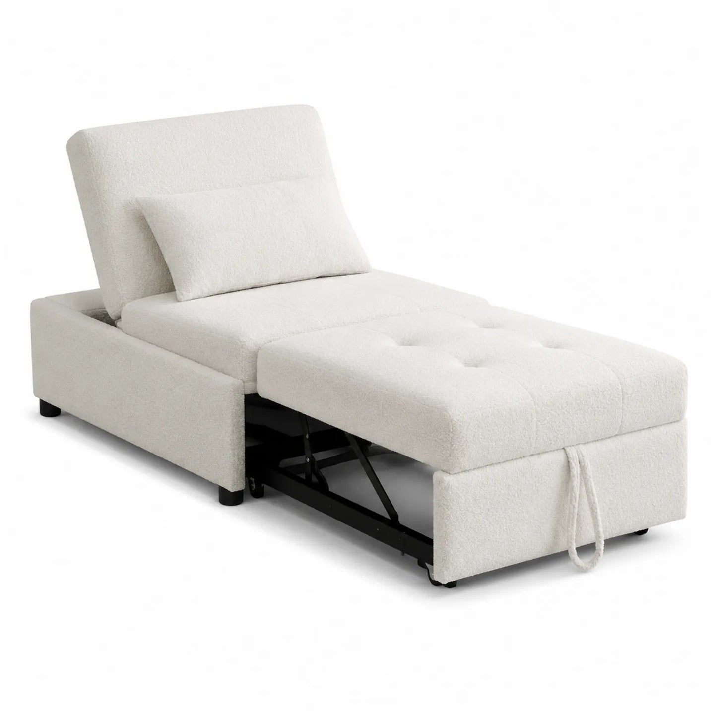 Divano Letto Singolo in Tessuto Bouclé Bianco con Schienale Regolabile