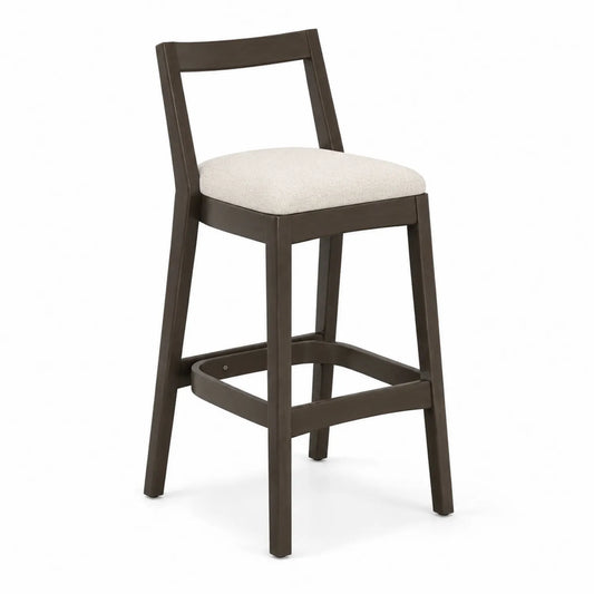 Sgabello in legno con seduta in tessuto beige