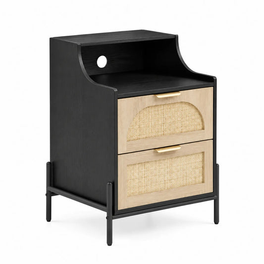 Comodino in Legno con Cassetti in Rattan