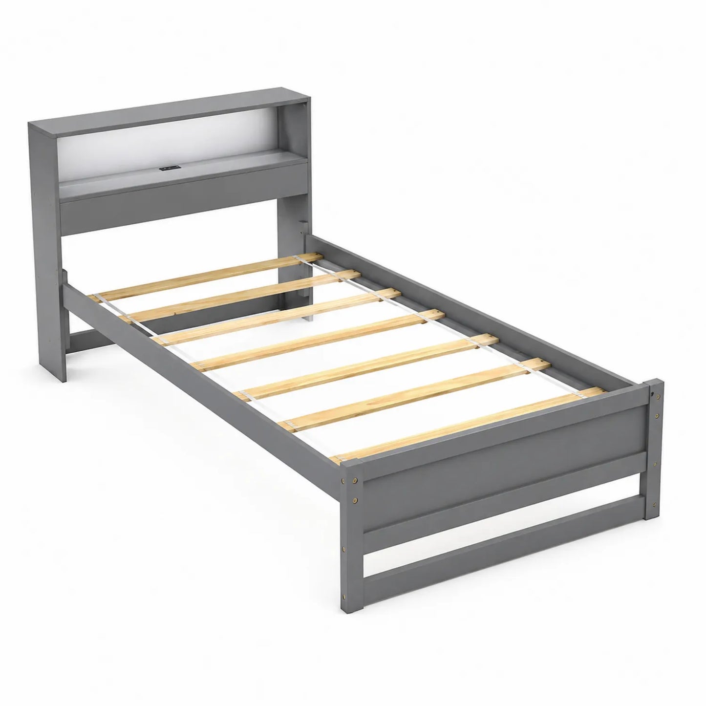 Letto singolo in legno con testiera libreria grigia