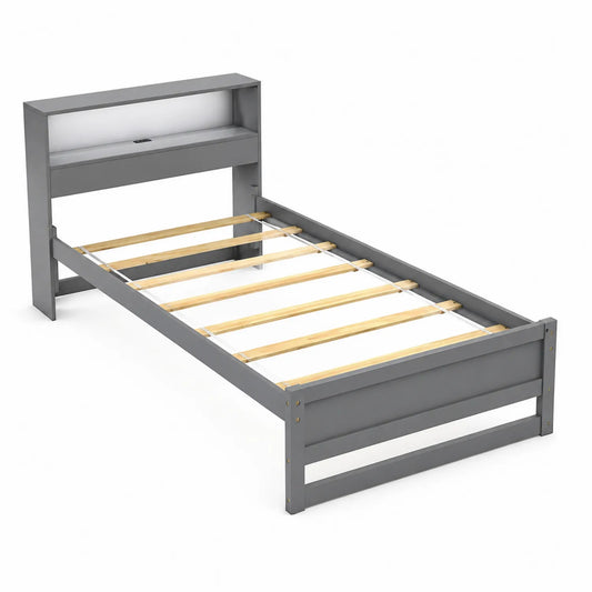 Letto singolo in legno con testiera libreria grigia