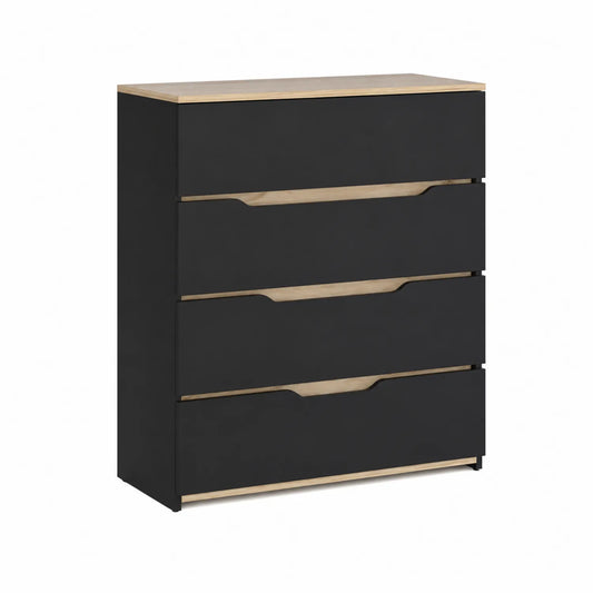 Cassettiera a 4 Cassetti in MDF Nero e Legno Naturale 80x40x100 cm