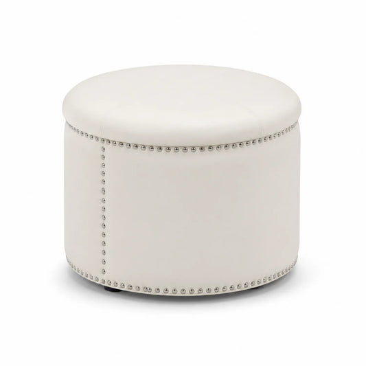 Pouf Rotondo in PVC Bianco con Borchie