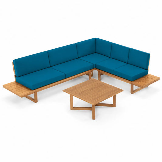 Set Divano Angolare da Esterno in Legno di Acacia e Tessuto Blu con Tavolo