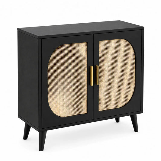 Credenza in Legno e Rattan Nero 80x35x80 cm