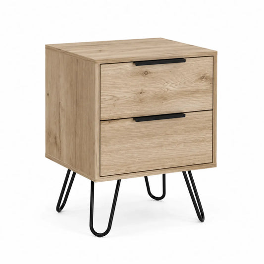 Comodino in MDF Effetto Quercia con Gambe in Metallo Nero