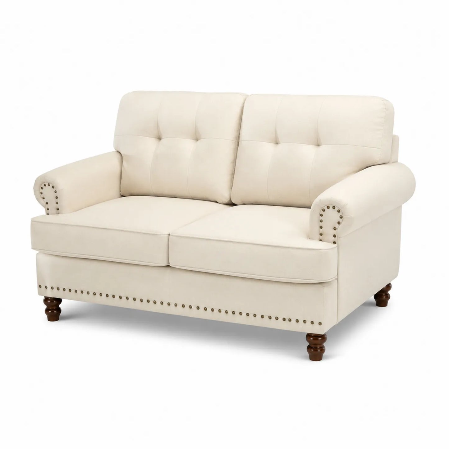 Divano a due posti in tessuto beige con gambe in legno