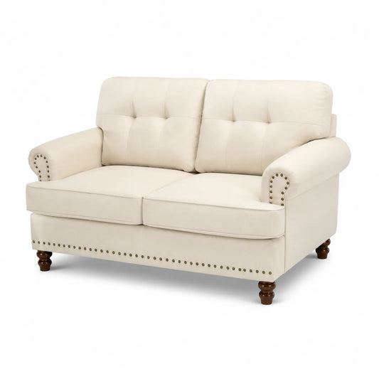 Divano a due posti in tessuto beige con gambe in legno