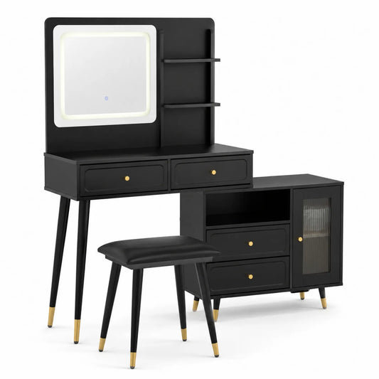 Toletta in Legno Nero con Specchio LED e Sgabello