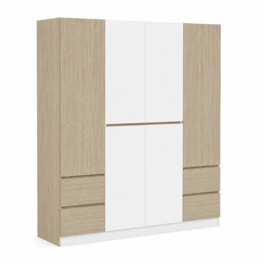 Armadio in Legno di Rovere Chiaro e Bianco con 6 Ante e Cassetti