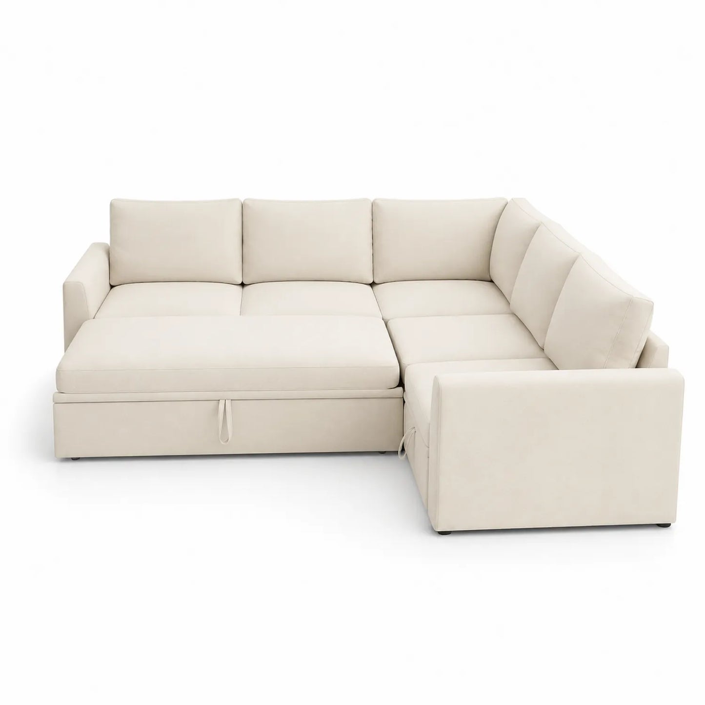 Divano ad angolo in tessuto beige con contenitore