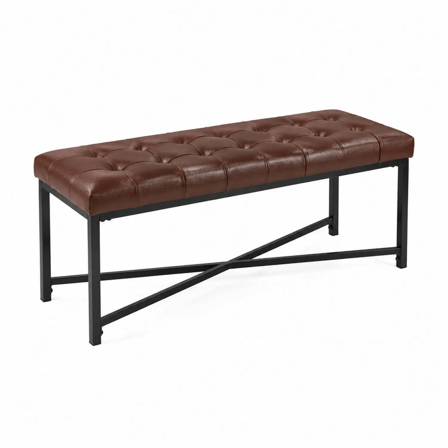 Panca rettangolare in pelle sintetica marrone con struttura in metallo 120x40x45 cm
