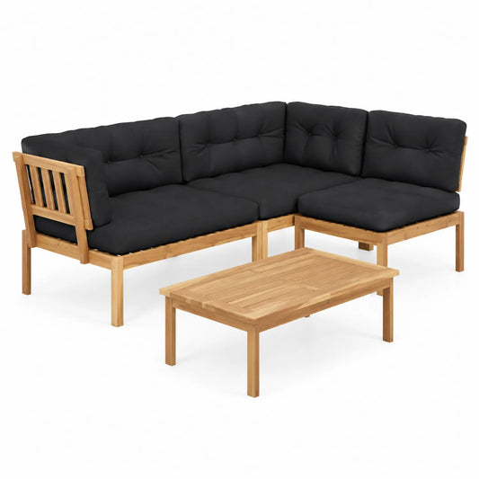 Set Divano Angolare in Legno di Acacia con Cuscini Neri