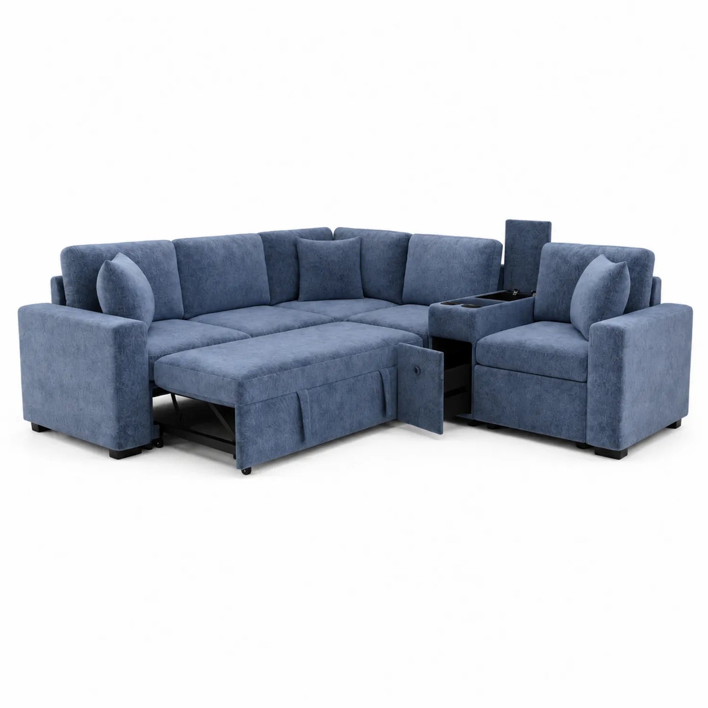 Divano angolare modulare in tessuto blu con contenitore e letto