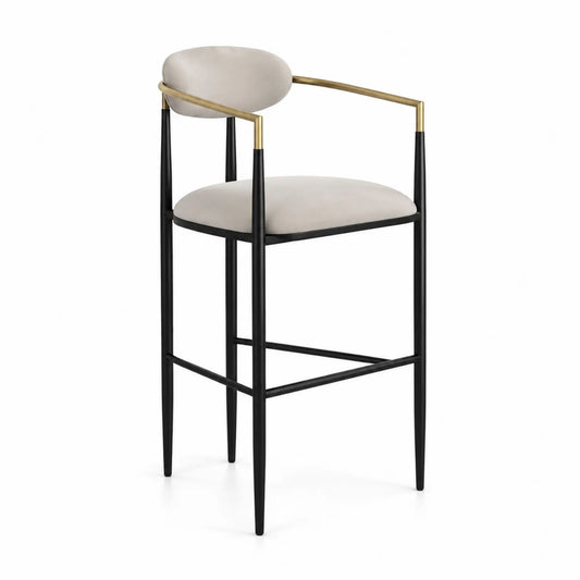 Sgabello in metallo nero con seduta in velluto beige e dettagli in ottone