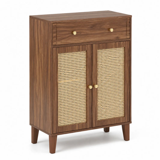 Scarpiera in Legno e Rattan con 2 Ante e 1 Cassetto