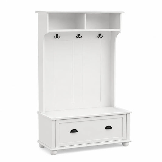 Appendiabiti con panca e scaffali in legno MDF bianco