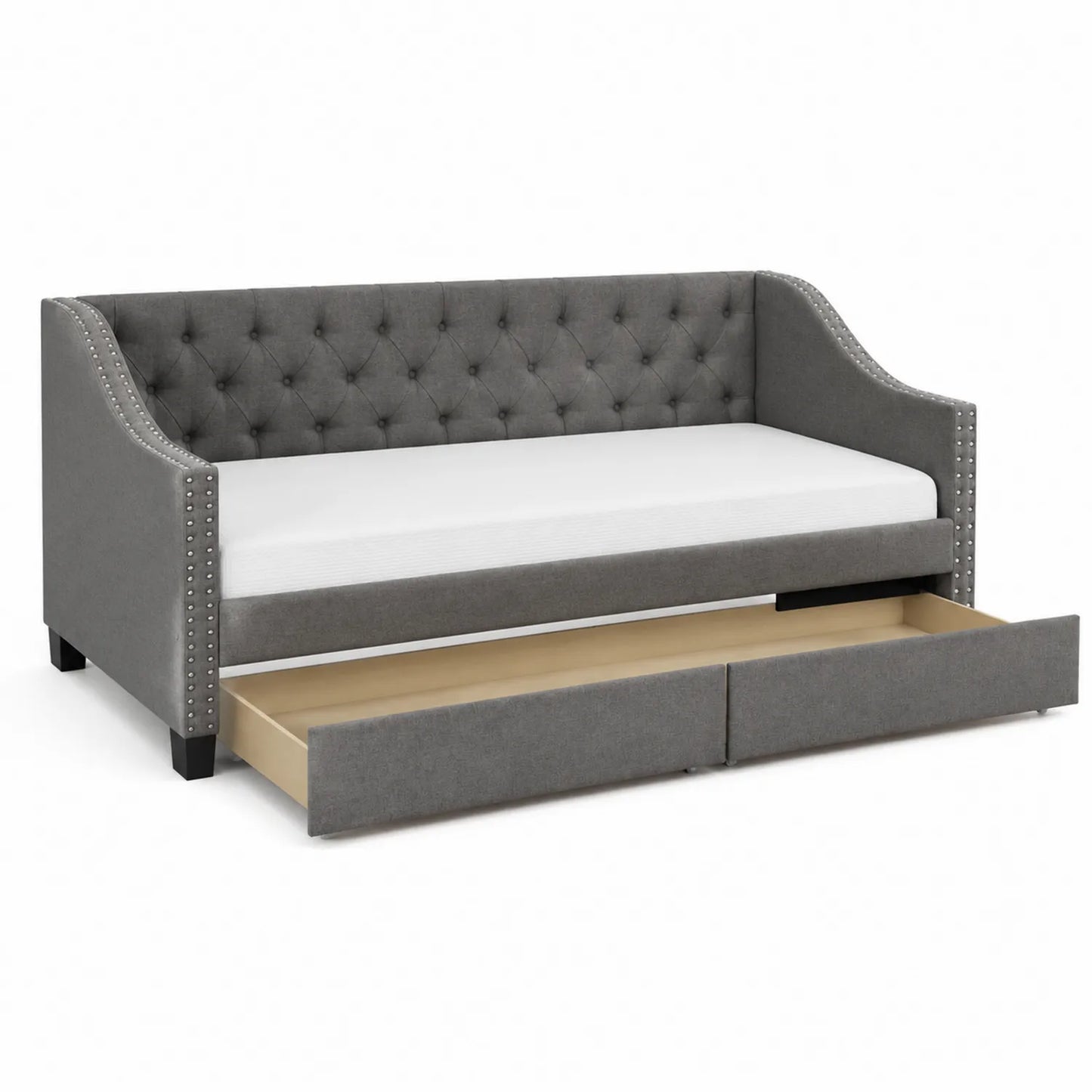 Divano Letto in Tessuto Grigio con Cassetto Integrato