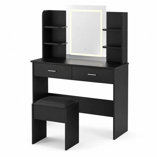 Toeletta Nero in Legno con Specchio LED e Sgabello