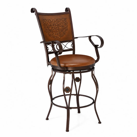 Sgabello da Bar in Metallo con Seduta in Faux Pelle Marrone