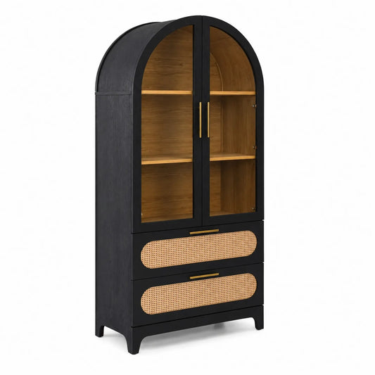 Armadio in Legno con Ante in Vetro e Cassetti in Rattan 190x85x40 cm